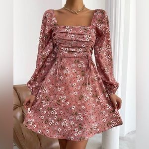 Floral Print Ruched Drawstring Dress